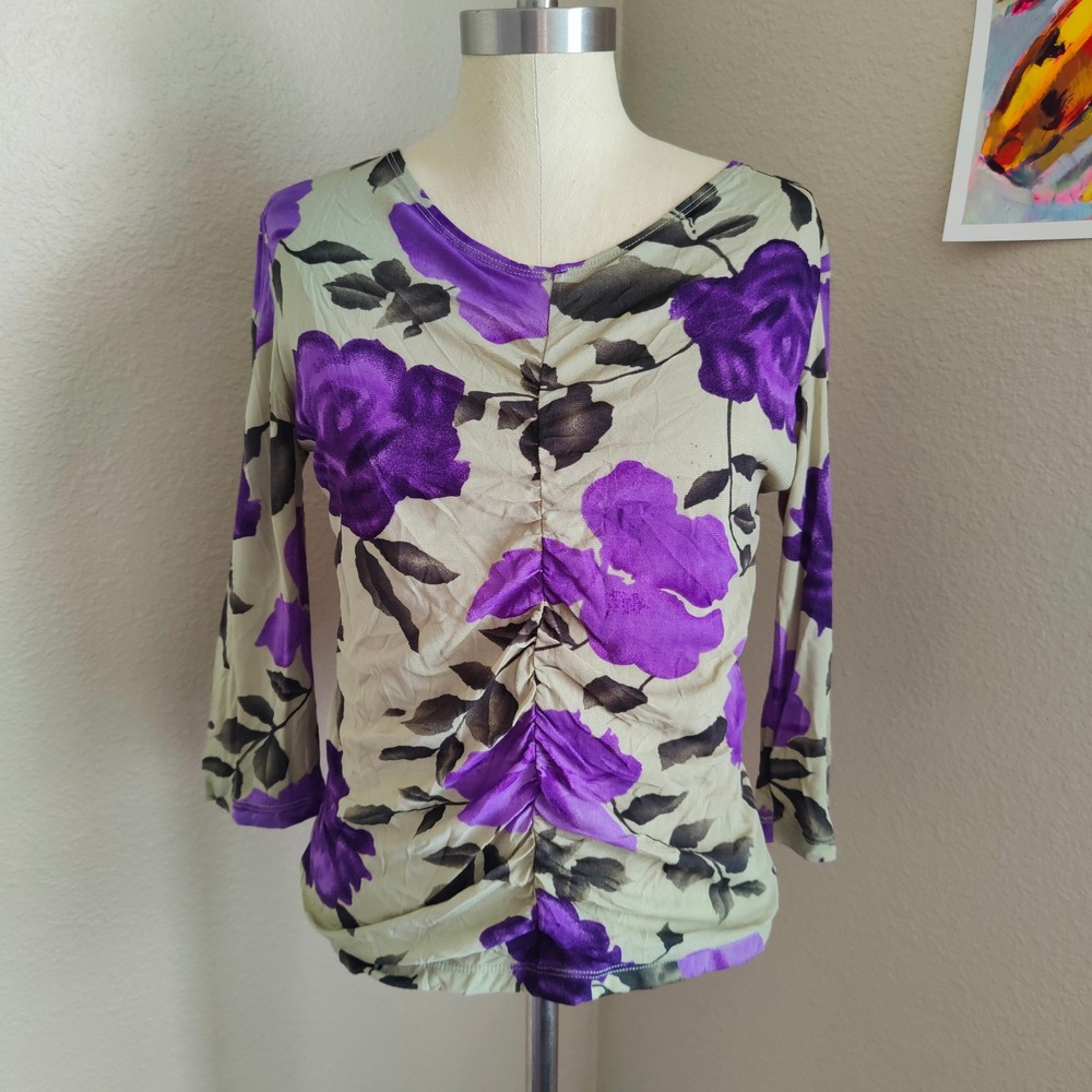 Style & Co.‎ Y2K Purple Floral Ruched Mesh Top Indie Sleaze Whimsygoth Size M